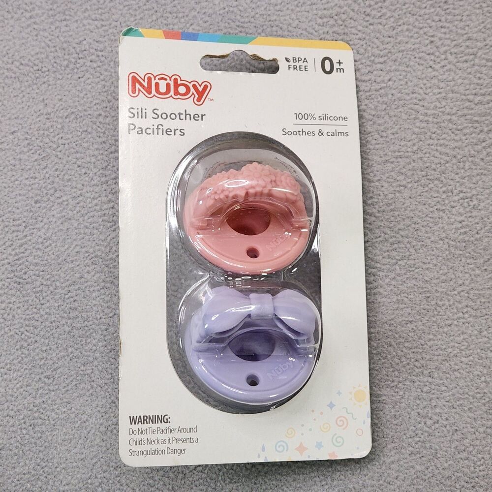 Nuby Sili Soother Pacifiers 2 Pack 0+ Months 100% Silicone BPA‎ Free Pink Purple